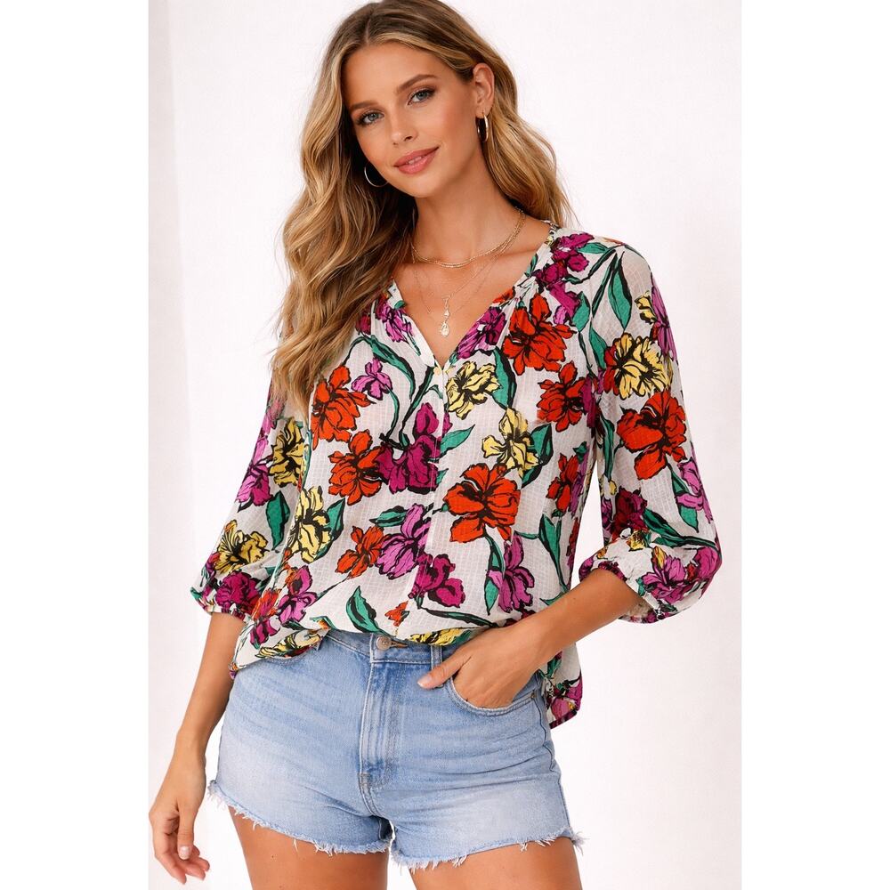 Roller Rabbit Floral Cotton Blouse Size L Boho India Resort Top